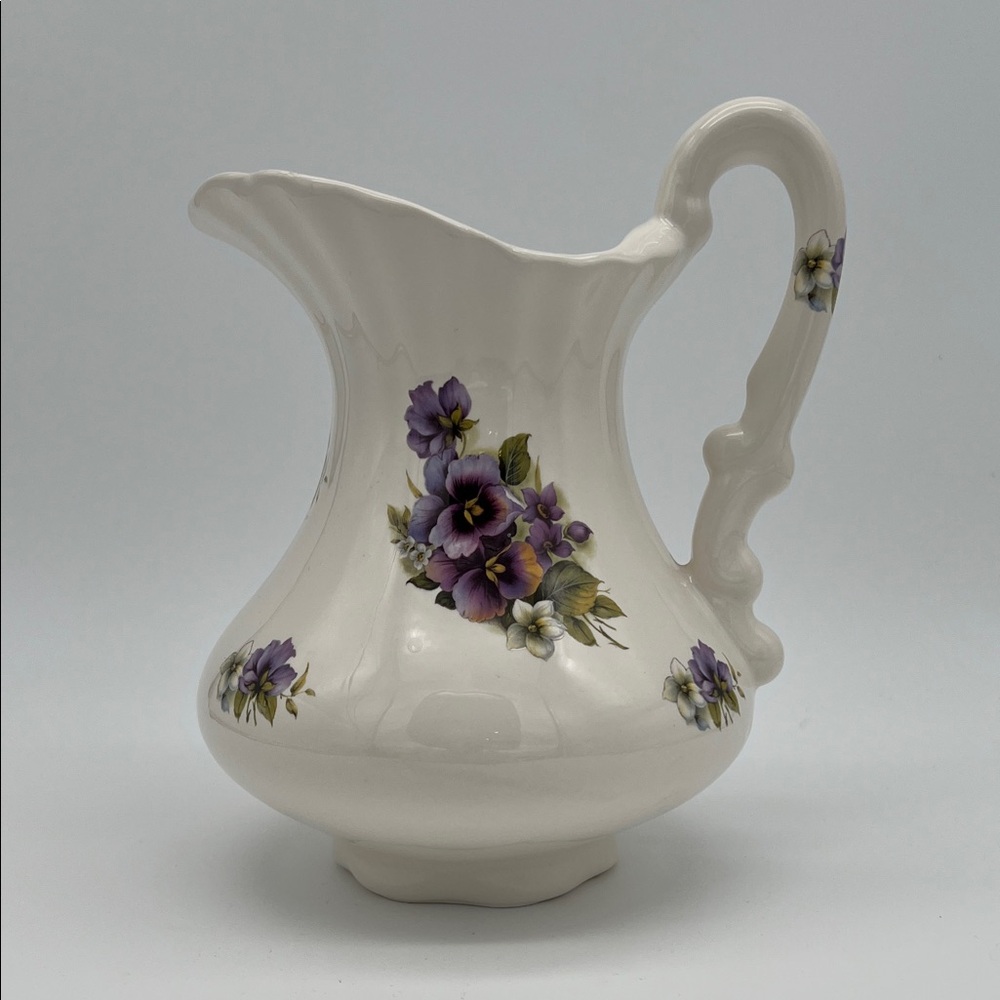 Athena White Ceramic Pitcher with Purple Floral Pansy Design